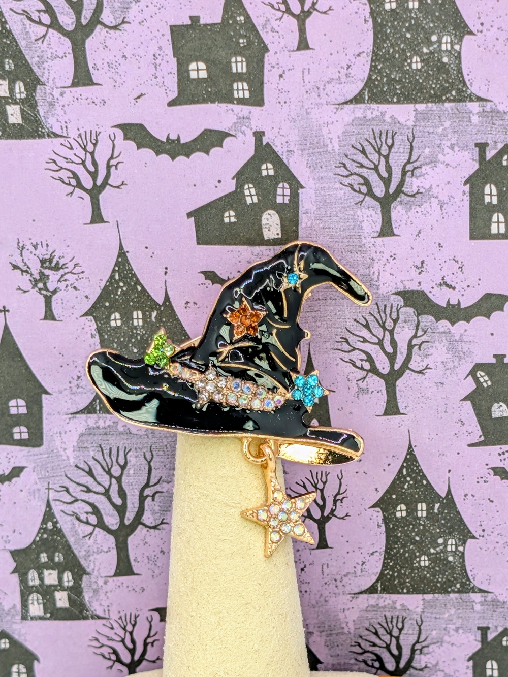 Black Witch Hat Brooch with Multicolored Rhinestones